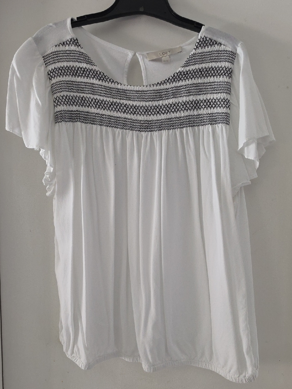 LOFT White Blouse with Black Smocked Yoke